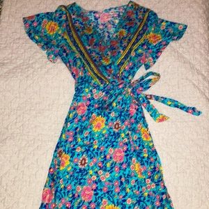 Linen wrap dress, szS, sky blue / multicolor.